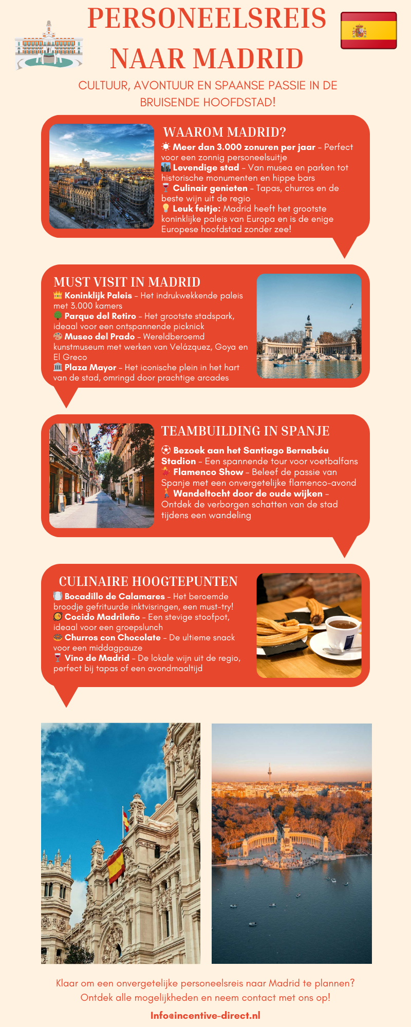 Infographic over een personeelsreis naar Madrid met highlights zoals cultuur, teambuilding en gastronomie.