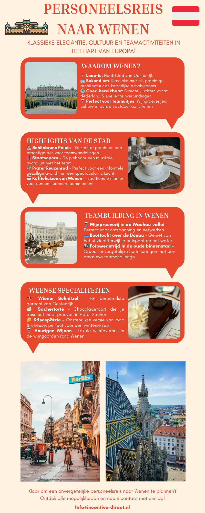 Infographic over een personeelsreis naar Wenen met highlights zoals cultuur, gastronomie en teambuilding