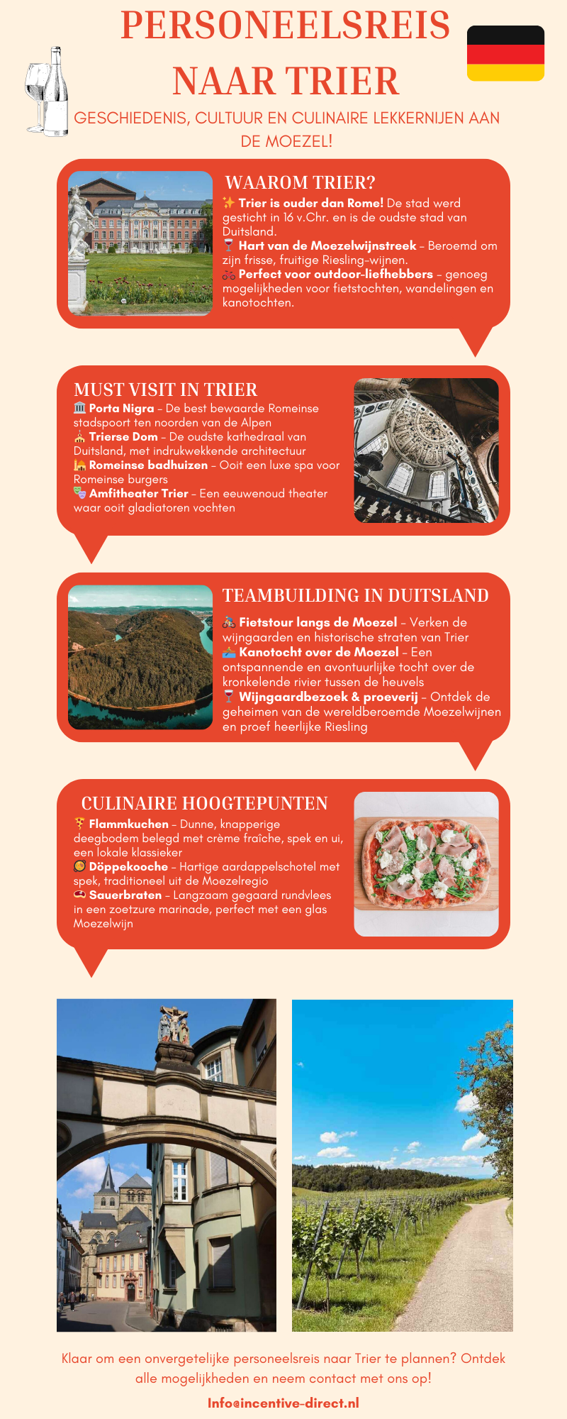 Infographic over een personeelsreis naar Trier met hoogtepunten zoals Romeinse bezienswaardigheden, een wijngaardbezoek, een fietstour langs de Moezel en lokale specialiteiten zoals Flammkuchen en Sauerbraten.