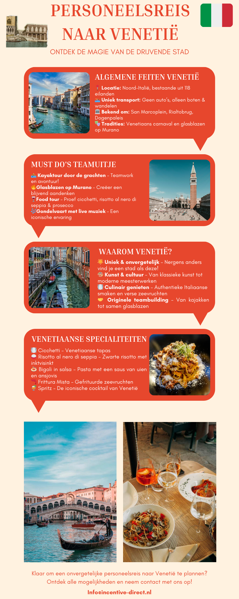 Infographic over een personeelsreis naar Venetië met highlights zoals teambuilding, Venetiaanse gerechten en must-visit locaties.