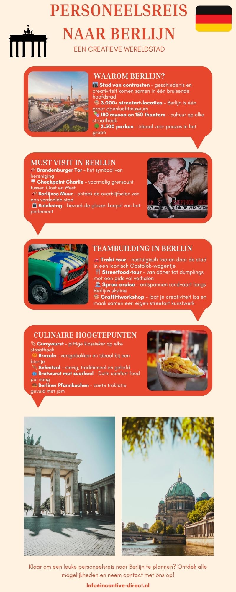 Overzicht van een personeelsreis naar Berlijn met hoogtepunten zoals streetarttours, historische bezienswaardigheden en hippe rooftopbars