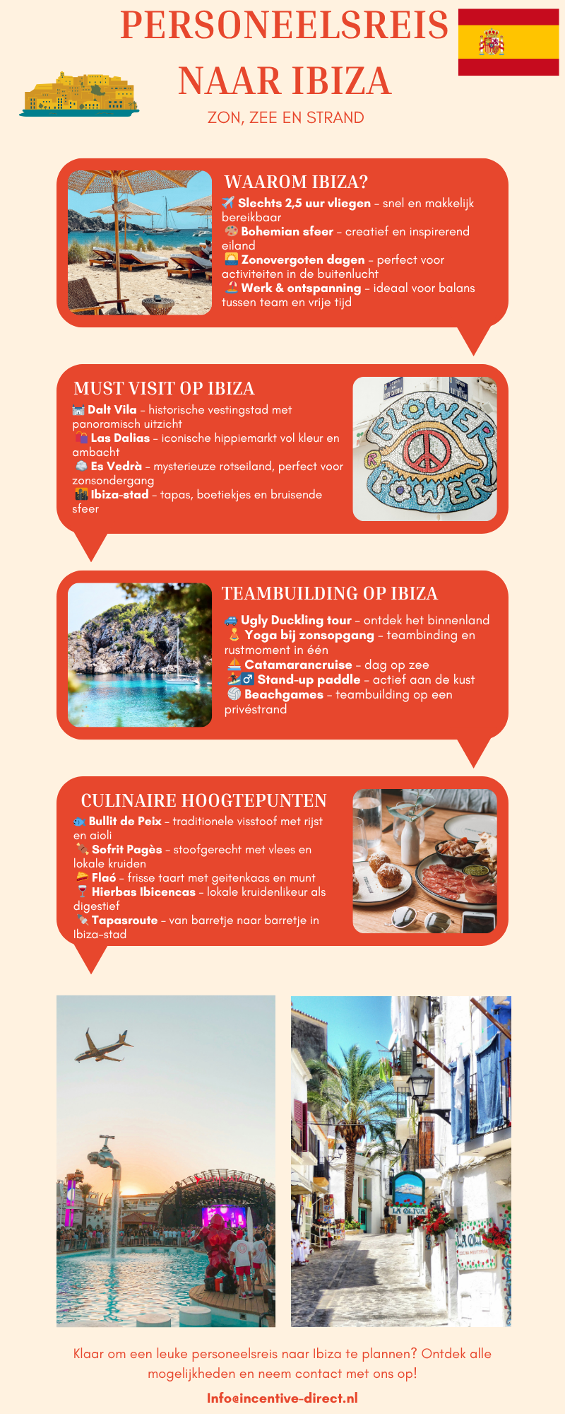 Overzicht van een personeelsreis naar Ibiza met hoogtepunten zoals beachclubs, jeeptours, yoga aan zee en culinaire hotspots