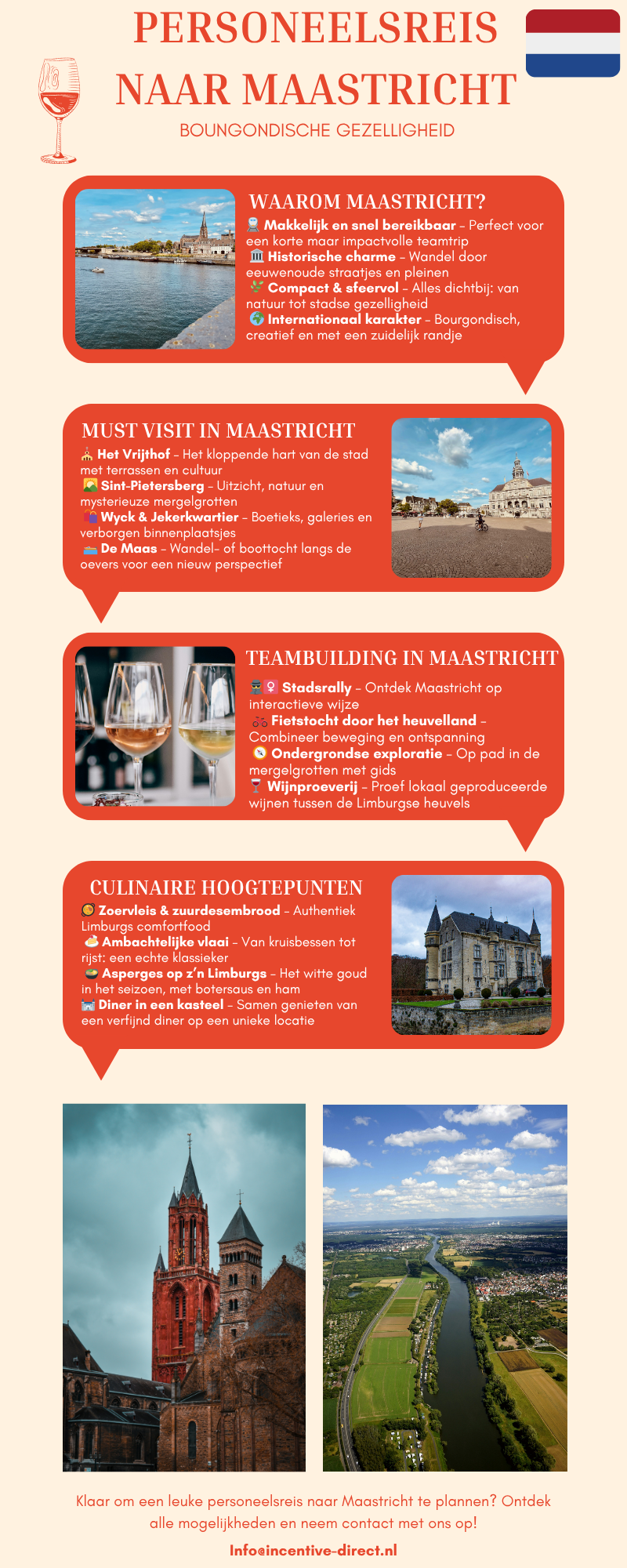 Overzicht van een personeelsreis naar Maastricht met hoogtepunten zoals stadsrally’s, kookworkshops, mergelgrotten en bourgondische diners.