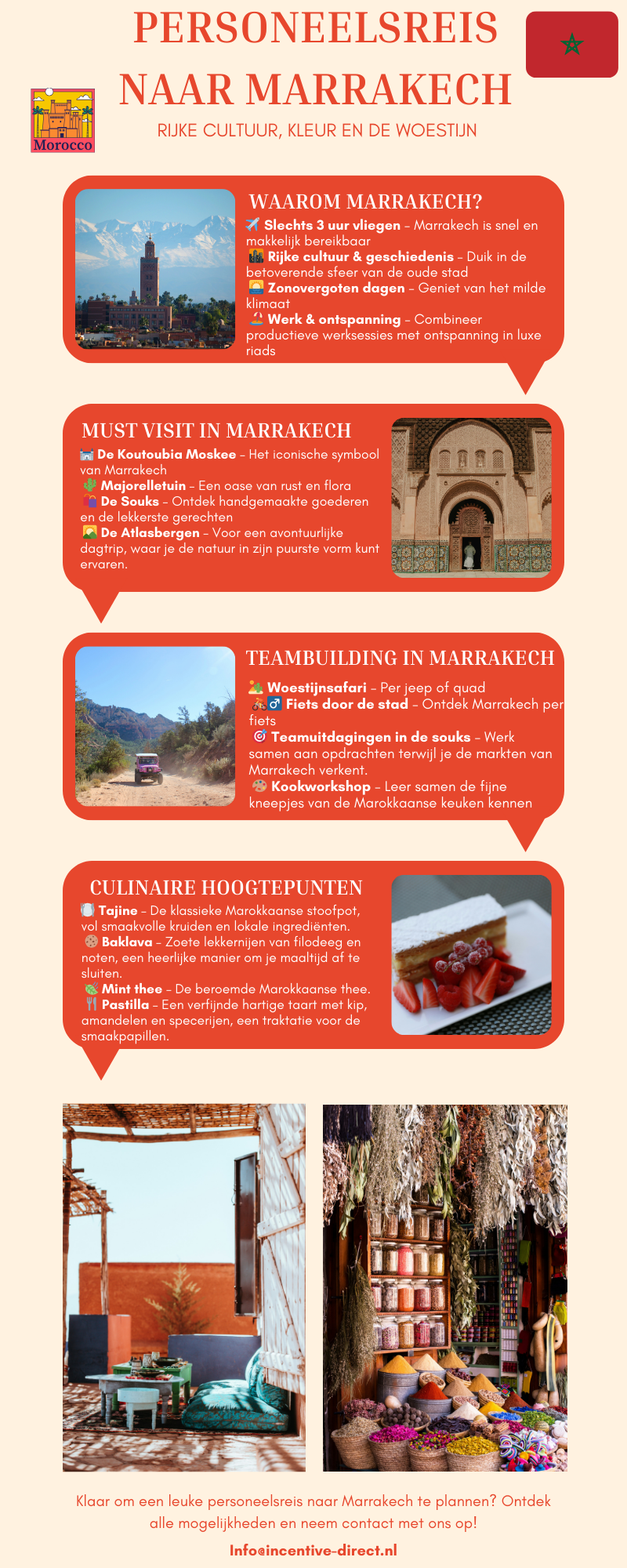 Overzicht van een personeelsreis naar Marrakech met hoogtepunten zoals een safari in de woestijn, verkenning van de souks, en luxe riads voor teambuilding en ontspanning.